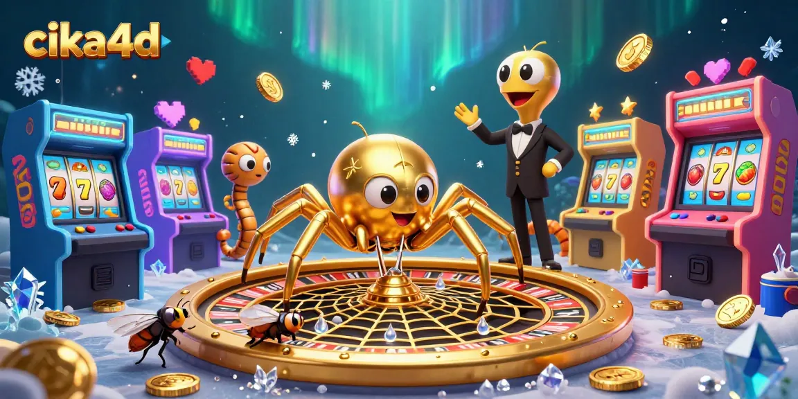 Engage with CIKA4D's thrilling slots experience as a golden spider spins a roulette wheel, symbolizing excitement and wins.