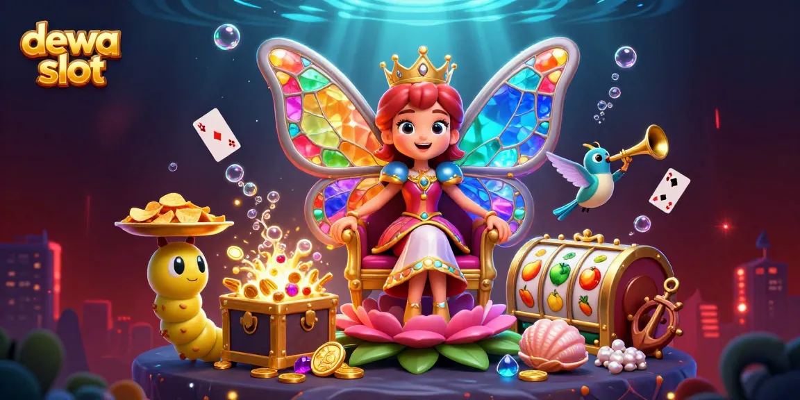 Rasakan pengalaman megah dewa slot dengan ratu kupu-kupu, simbol permainan, dan koin emas yang berlimpah.