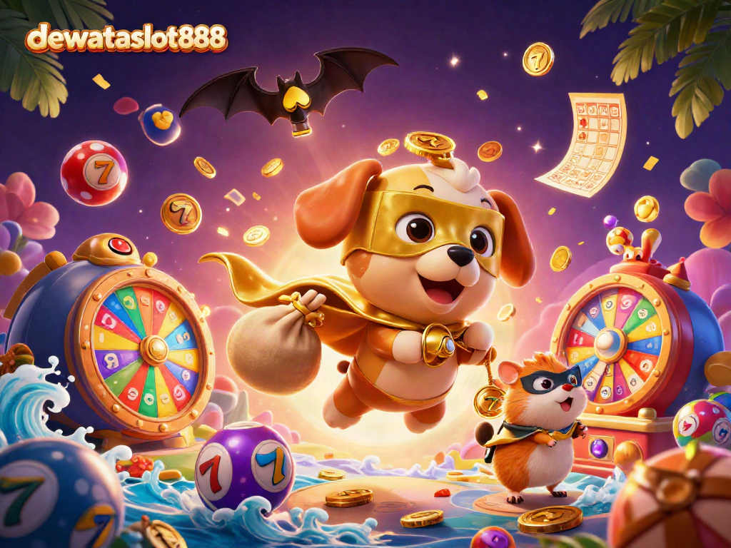 Gambaran aksi seru dengan dewataslot888 yang menampilkan anjing superhero dan hamster di dunia slot.