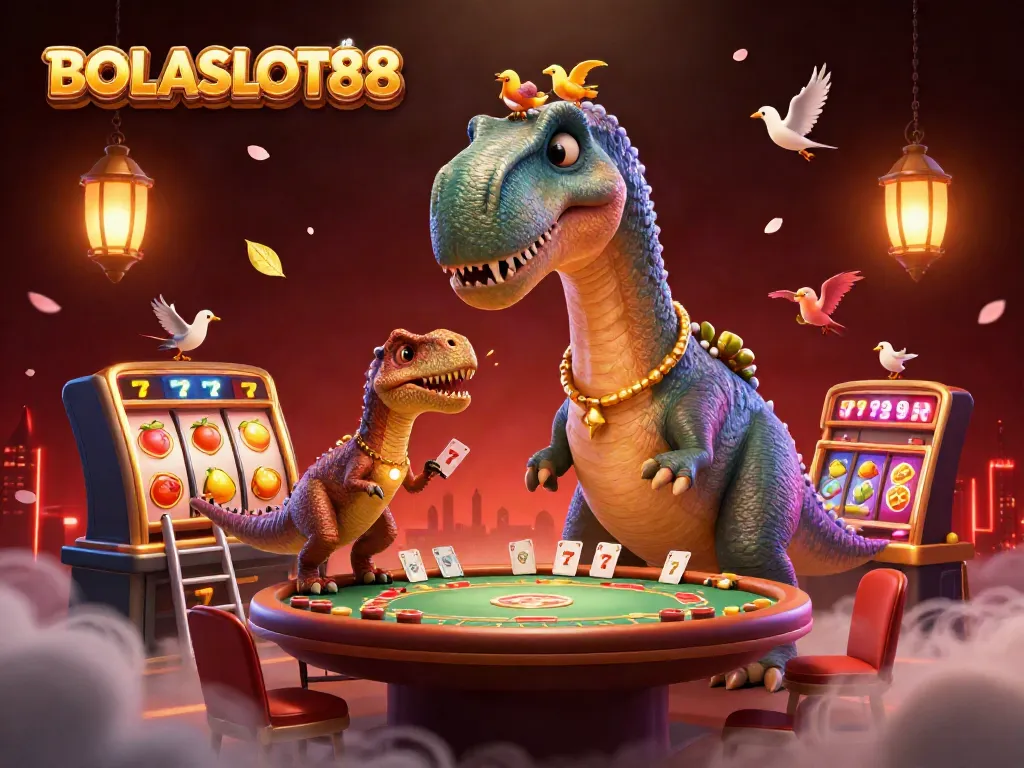 BOLASLOT88 highlights dynamic gaming with a captivating brontosaurus illustrating the excitement of online slots.