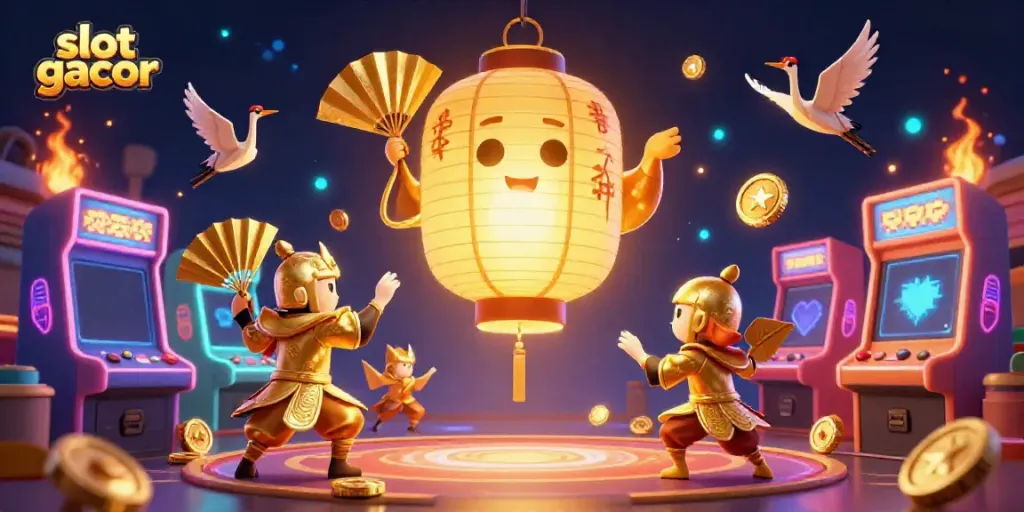 Experience slot gacor excitement with a golden lantern spirit and animated game elements in a vibrant casino setting.