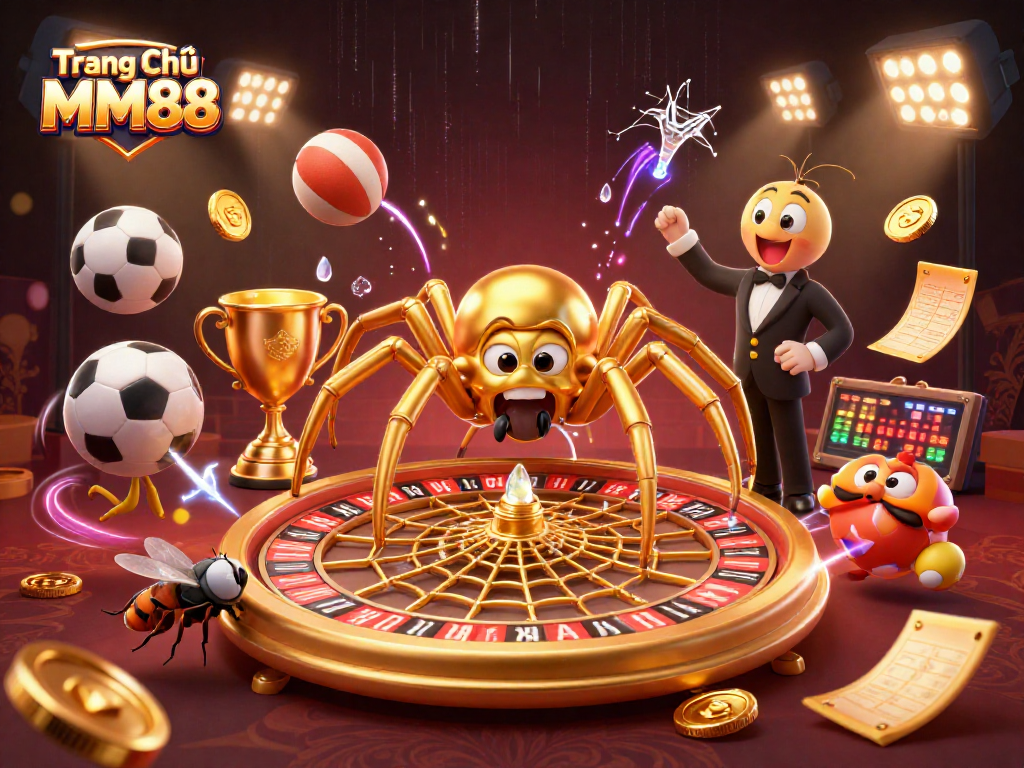 Engage in thrilling gameplay at Trang Chủ MM88 with a dynamic golden spider web roulette scene.