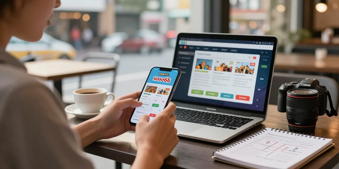 xoso66 app being used on smartphone in a cozy cafe setting, showcasing urban lifestyle.