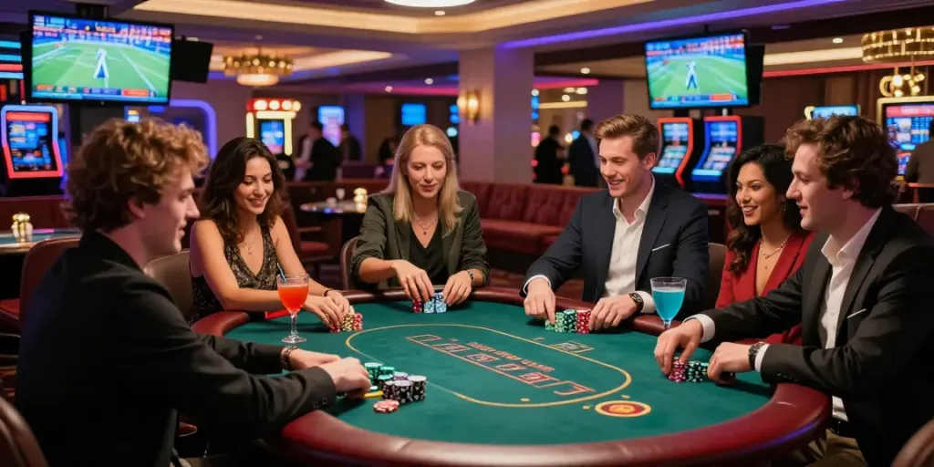 Exciting ALO8 gambling scene with friends at a poker table in a vibrant casino.