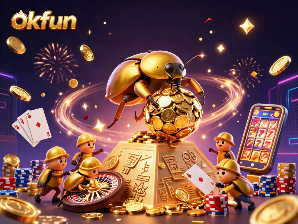 Experience the thrill of okfun as beetles work together to roll golden coins up a pyramid in an exciting casino scene.