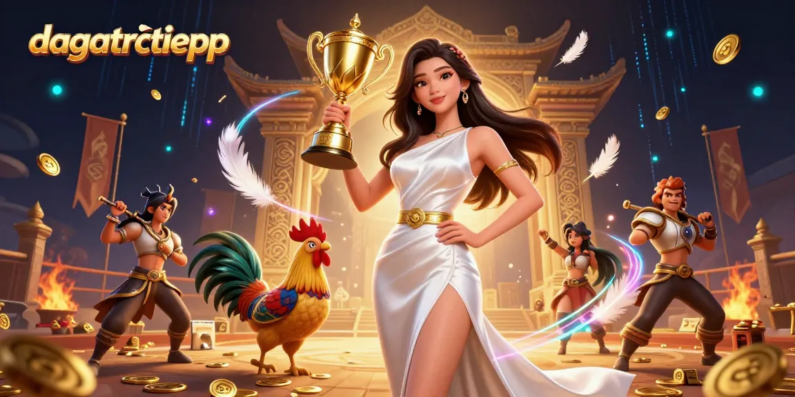 Experience the thrill of dagatructiepp with a victorious female figure amidst dramatic cockfighting elements.