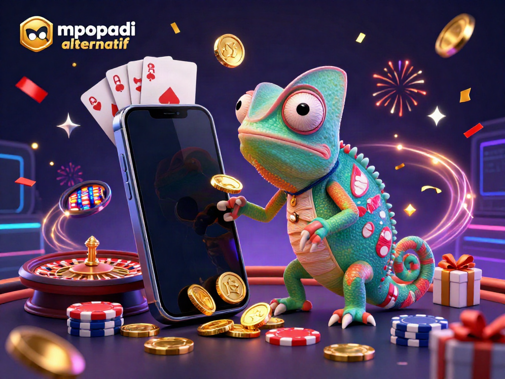 Engage with mpopadi alternatif as golden coins fly from a winning slot game, displaying colorful casino elements.