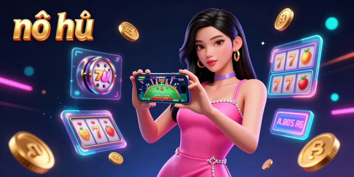 Engage in exciting nổ hũ gameplay with a stunning Asian woman showcasing a live dealer casino game on her smartphone amidst a vibrant, dynamic 3D illustration.