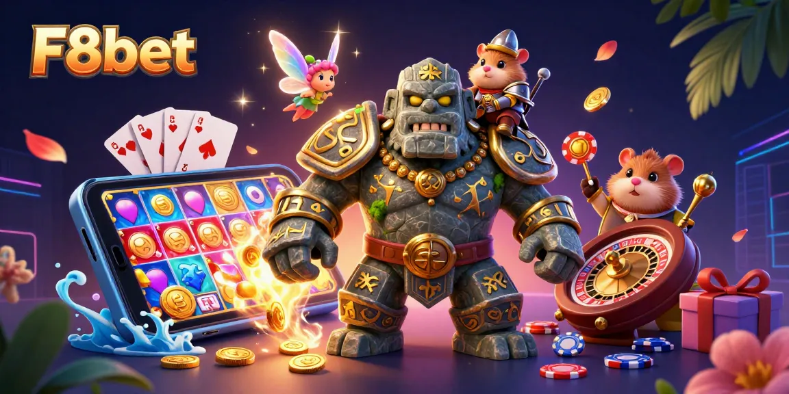 Engage with F8bet's enchanting gaming world featuring a mystical golem, fairy magic, and a brave hamster knight.