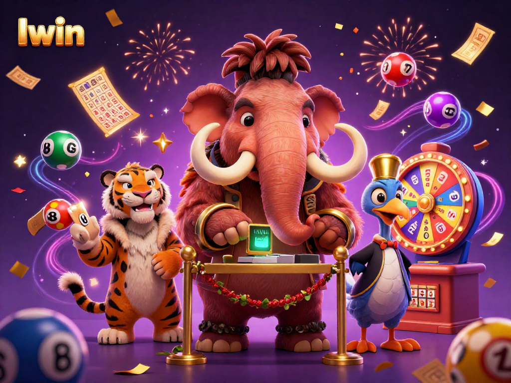Iwin captures the excitement of a vibrant casino scene with a mammoth bouncer, a saber-tooth tiger, and a dodo doorman.