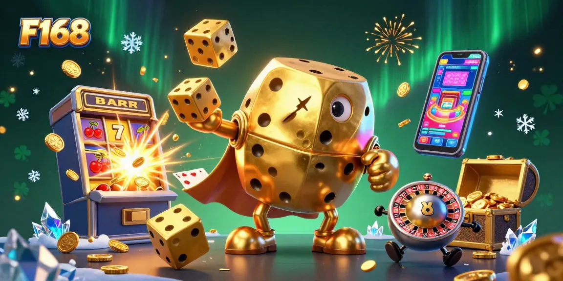 Experience the thrill of F168 with a golden dice golem and colorful casino elements bursting with excitement.