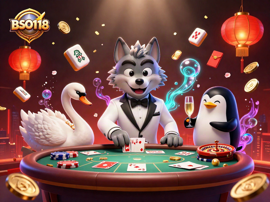 Experience the excitement at BSO118 with a debonair wolf, an elegant swan, and a sophisticated penguin amidst a lively casino scene.