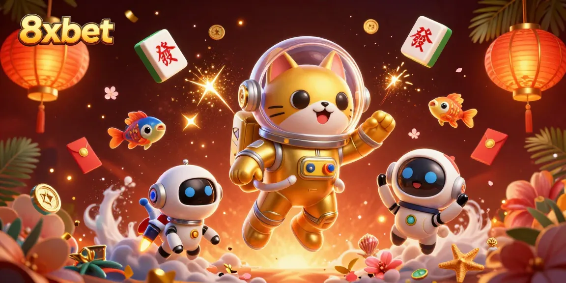 Experience the thrill of 8xbet with a vivid 3D scene depicting an astronaut cat and game elements.