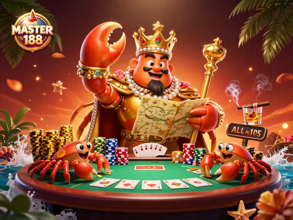 Engage in thrilling games at MASTER188, featuring a majestic crab empress with treasures in a vibrant casino scene.
