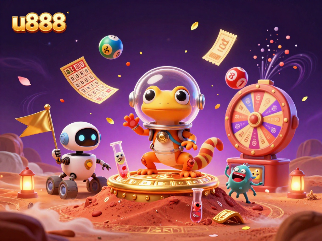 Experience the excitement at u888's casino as a Martian gecko discovers treasure among vibrant gaming elements.