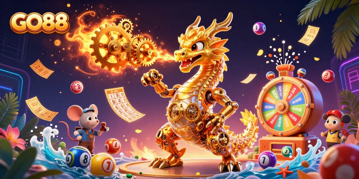 Spin to win with GO88's vibrant gaming atmosphere featuring golden dragon and lottery elements.