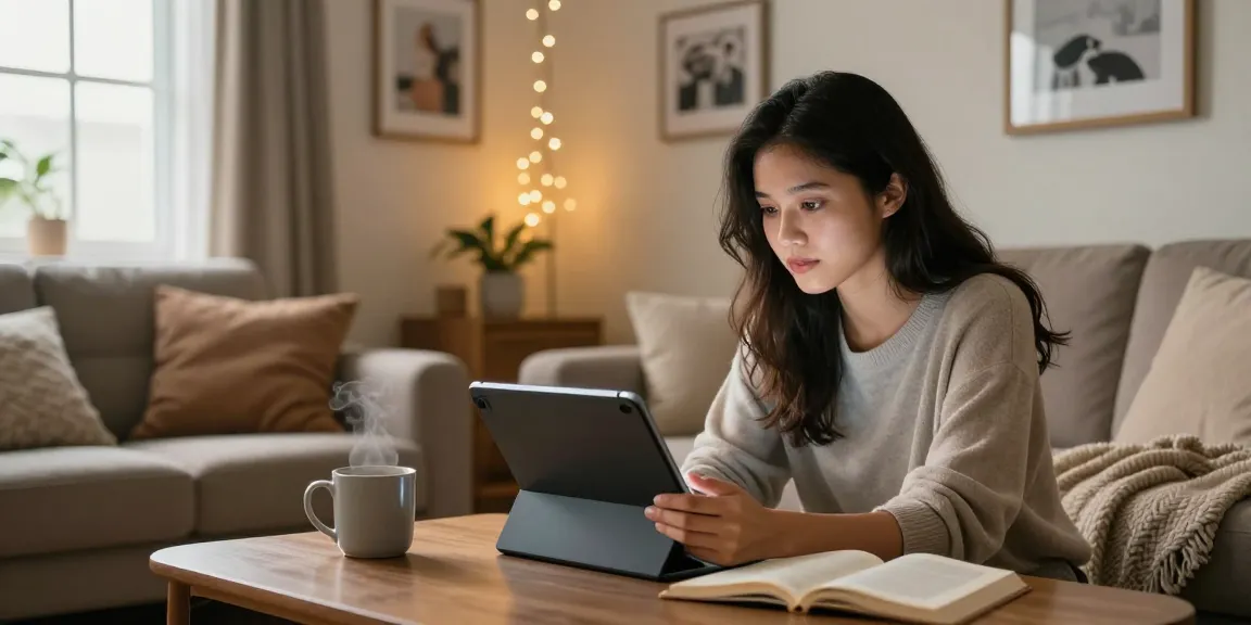 AI girlfriend chat in a cozy living room with warm lighting and personal decor.