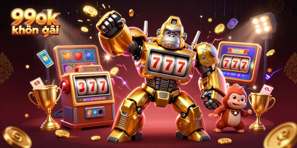 Experience the excitement of 99ok khuyến mãi with this dynamic 3D casino illustration highlighting slots and promotional elements.