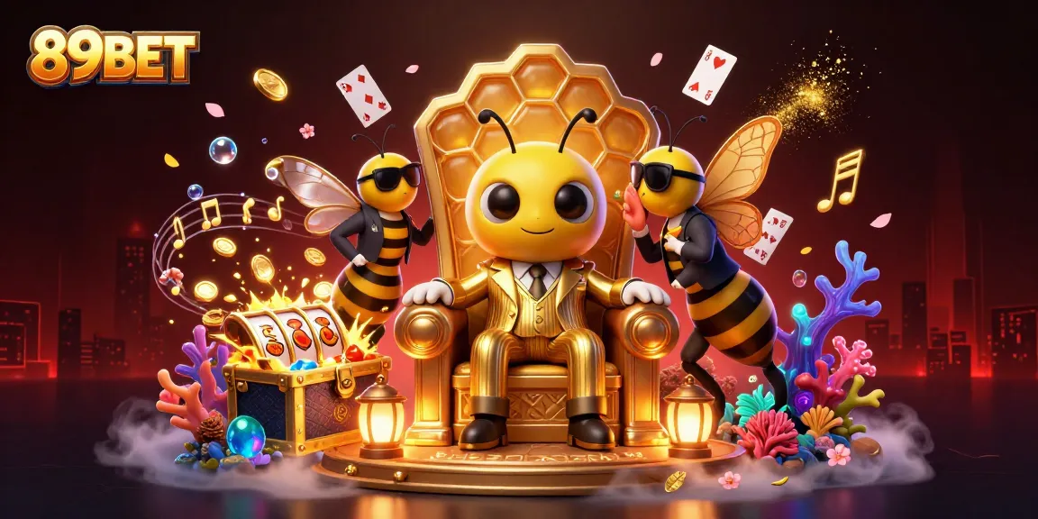 Engage in thrilling gameplay at 89BET with a vibrant casino-themed 3D illustration featuring animated characters and slots.