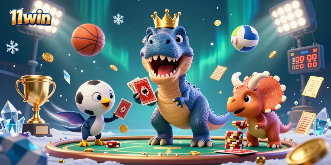 Experience thrilling sports betting action with the 11win characters in a vibrant casino scene.