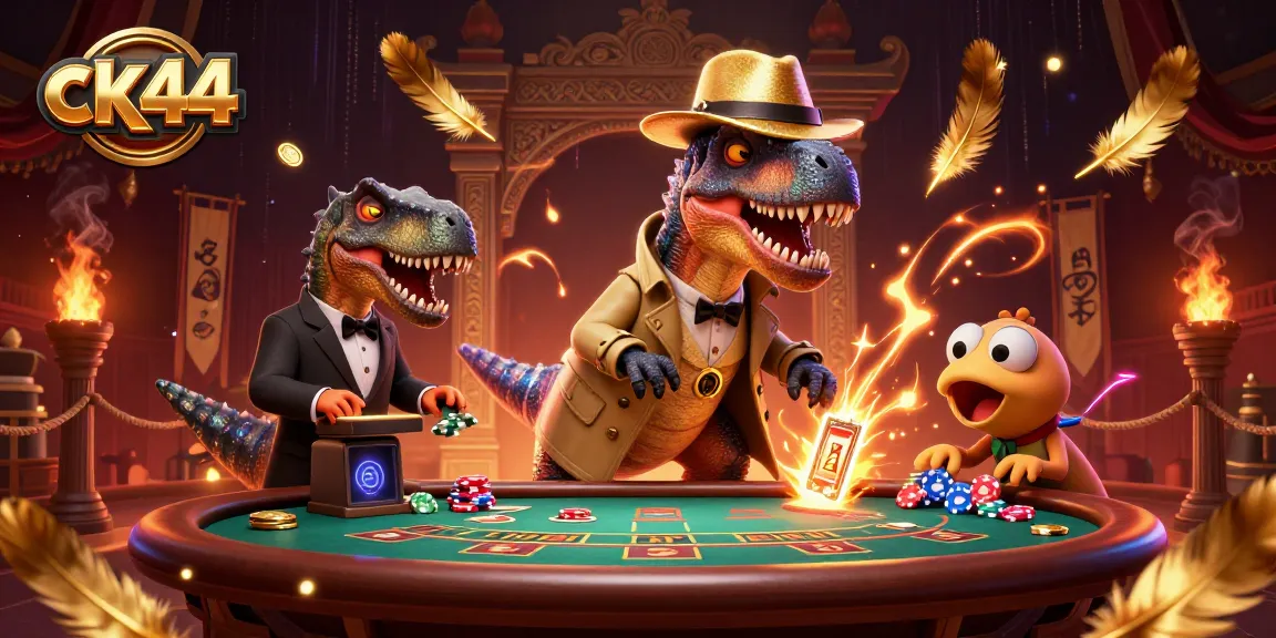 Experience thrilling action at the ck44 blackjack table with anthropomorphic creatures in a vibrant casino scene.
