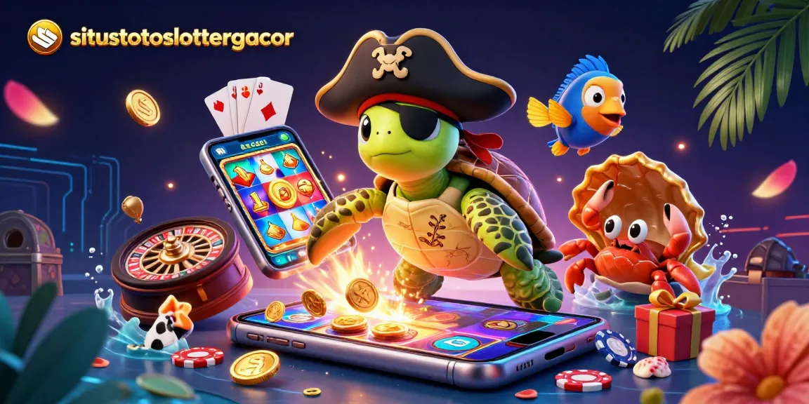 Join the adventure on situstotoslottergacor with a 3D cartoon pirate turtle amidst exciting gambling elements.