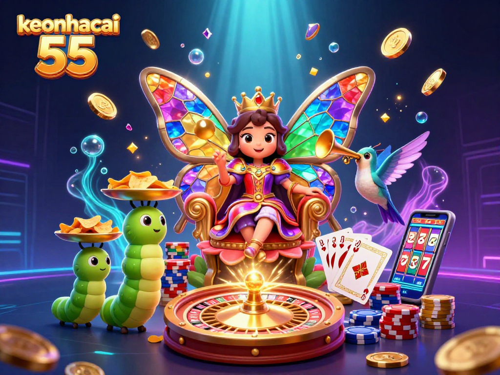 Experience the vibrant world of keonhacai 55 with a lively cartoon butterfly queen in a casino-themed celebration