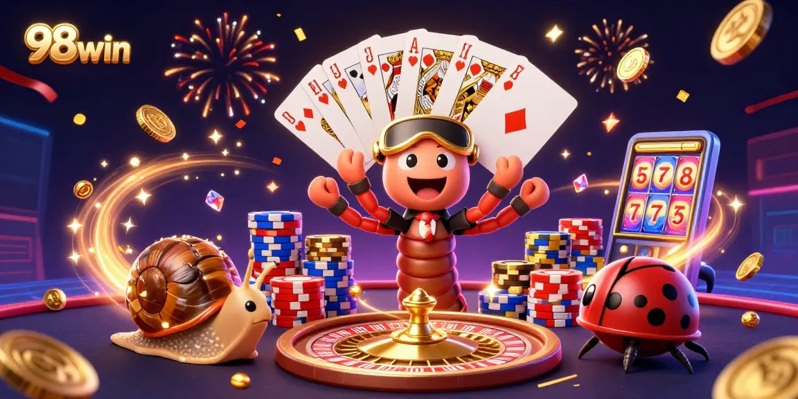 Spin the reels and win big with 98win's vibrant casino illustration featuring dynamic game elements.