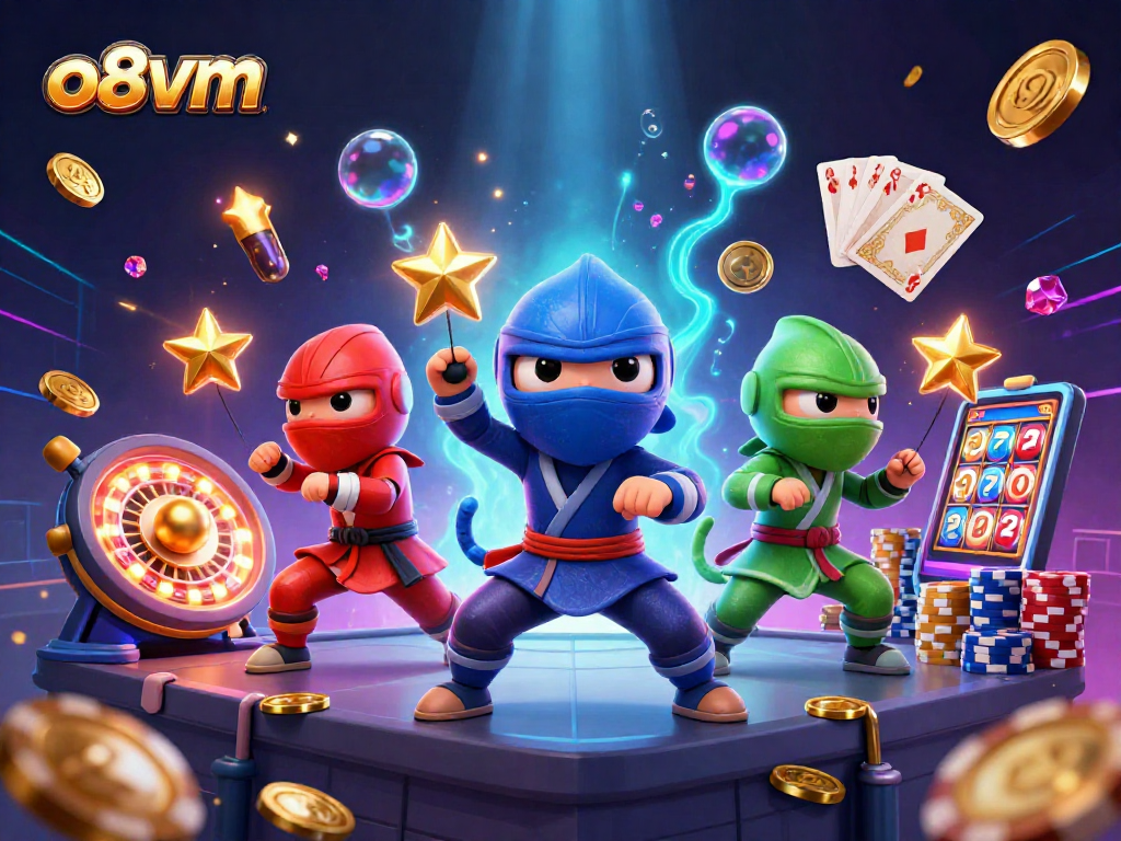 Experience thrilling casino action with o8vm featuring a vibrant 3D ninja chameleon team amidst golden winnings.