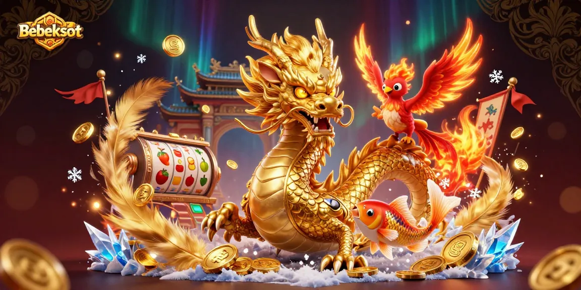 Bebekslot features a dynamic 3D illustration with a fierce golden dragon, a fiery phoenix, and a koi fish amidst a rich slot gaming environment.
