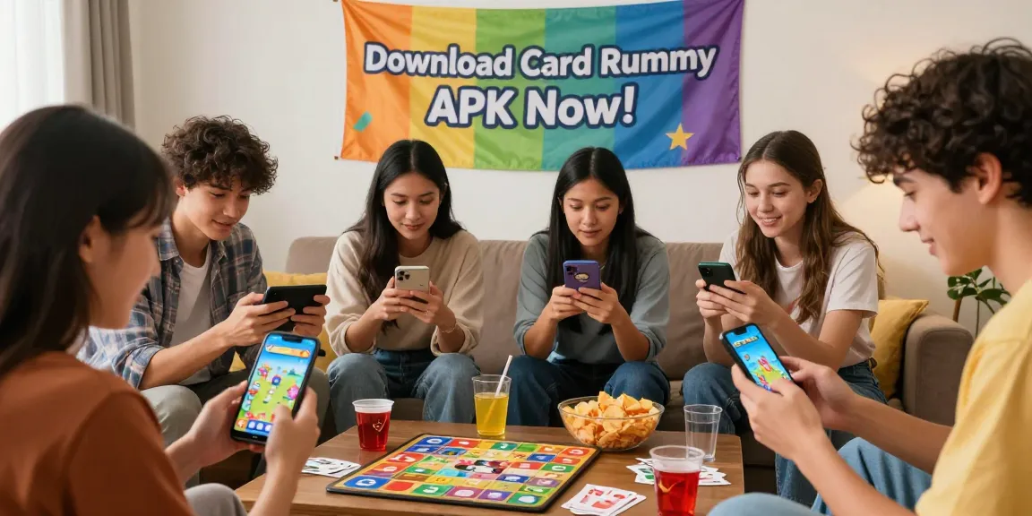 Friends downloading Card Rummy APK in a cozy living room, enjoying vibrant gameplay and snacks.
