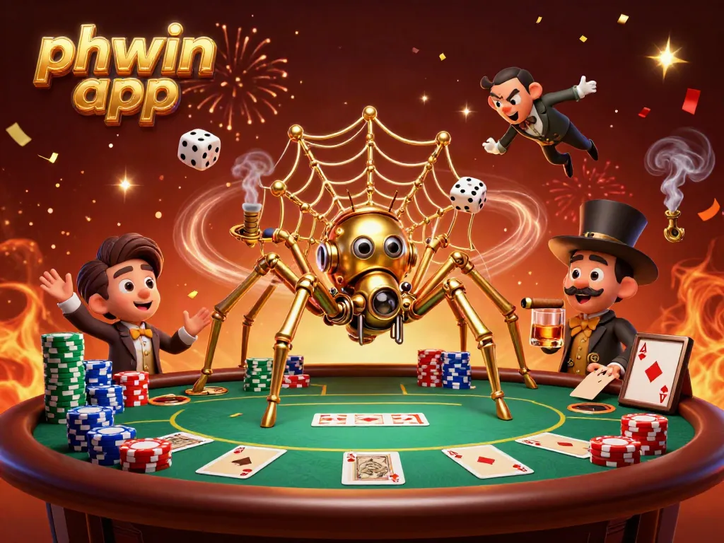 Catch thrilling gameplay with the phwin app, featuring a steampunk spider capturing dice in a dynamic casino scene.