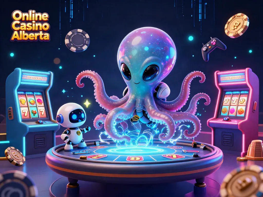 Experience the thrill of Online Casino Alberta with a vibrant 3D scene showcasing slot games and an alien octopus.