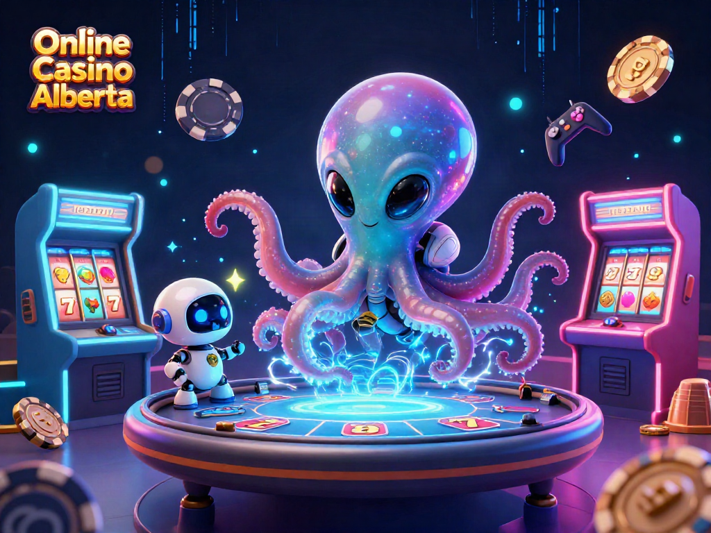 Experience the thrill of Online Casino Alberta with a vibrant 3D scene showcasing slot games and an alien octopus.