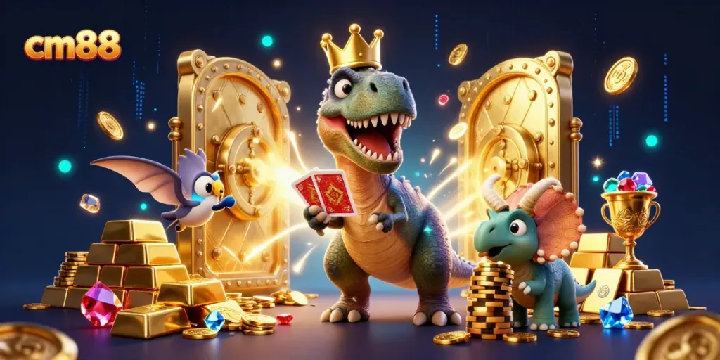 Engage with cm88's vibrant casino experience, featuring playful dinosaurs amidst dazzling gaming treasures.