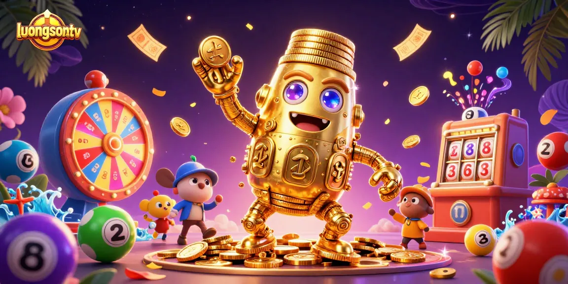 Experience thrilling gaming with luongsontv's animated golden golem amidst dynamic lottery elements and excitement.