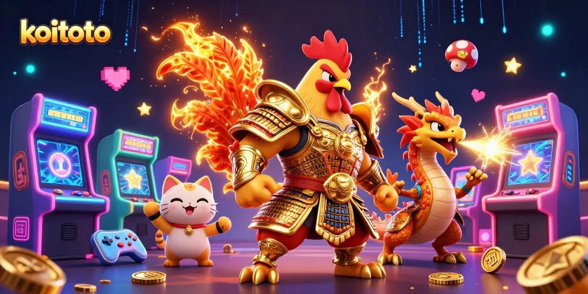 Play with exciting koitoto fighting rooster warrior and dragon in a vibrant 3D gambling scene.