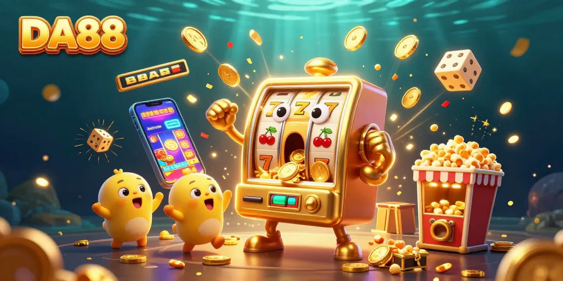 DA88 reveals an exciting jackpot moment as a golden slot machine overflows with coins.