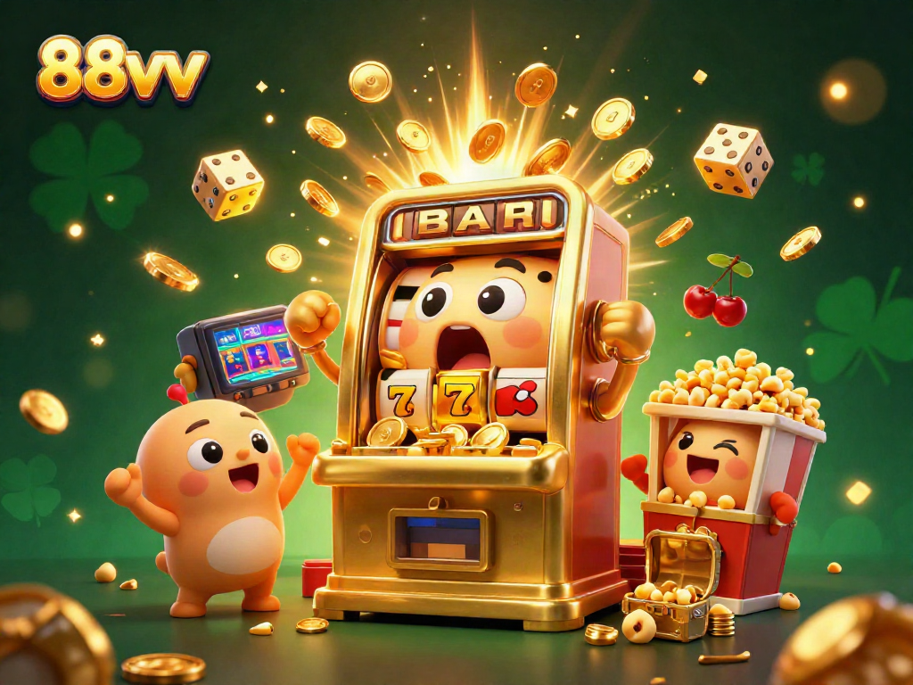 88vv slot machine hits a jackpot, coins pouring out, dynamic casino scene filled with excitement.