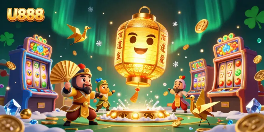 Engage in thrilling U888 slot action with vibrant 3D golden lanterns and dynamic casino elements.