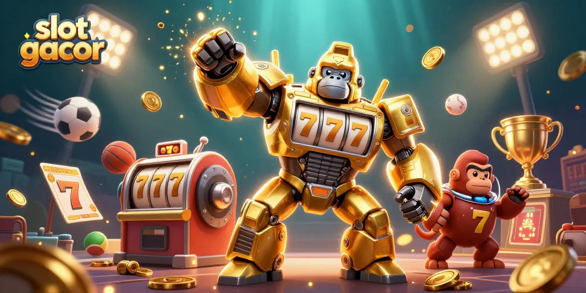 Gambar menarik slot gacor, menunjukkan mesin slot dengan karakter gorila, simbol keberuntungan dan koin berkilau.