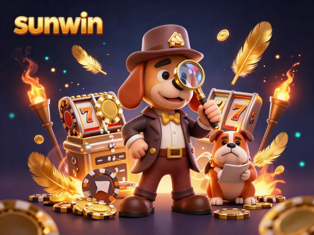 Experience thrilling gaming action with sunwin showcased through a cartoon detective uncovering casino treasures.