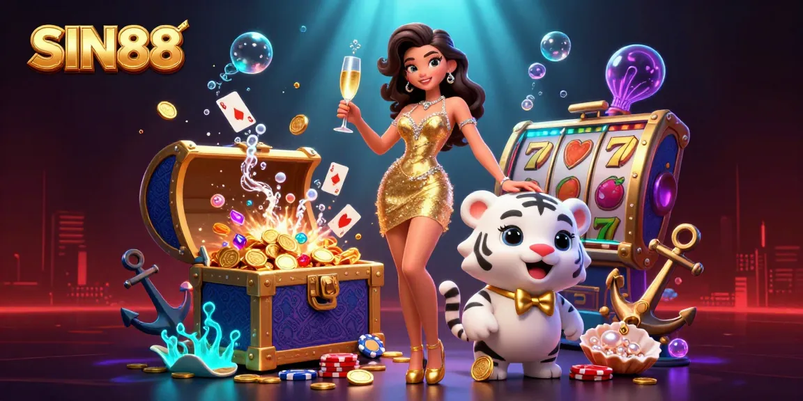 SIN88 offers thrilling slots and superb casino experiences featuring a glamorous woman and lucky tiger.