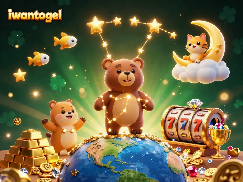 Engage with iwantogel's gameplay in a vibrant casino scene filled with treasures and lucky symbols.