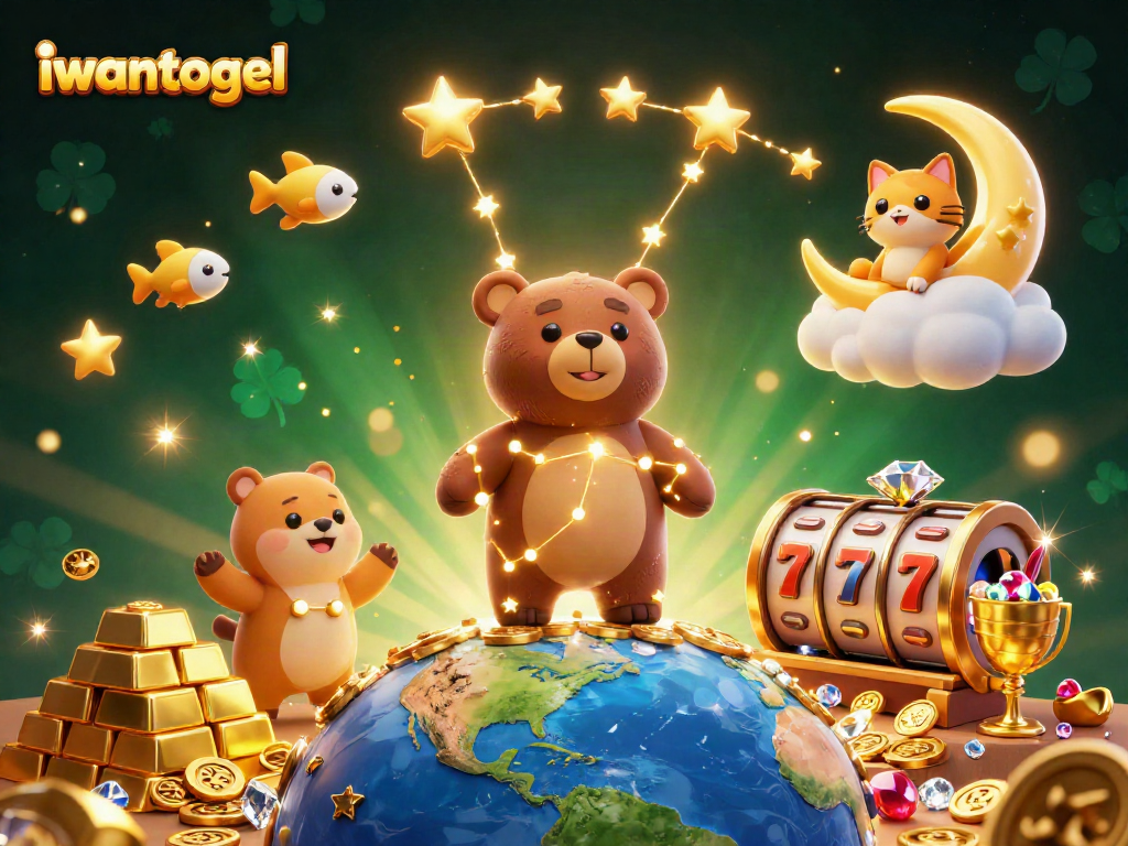 Engage with iwantogel's gameplay in a vibrant casino scene filled with treasures and lucky symbols.