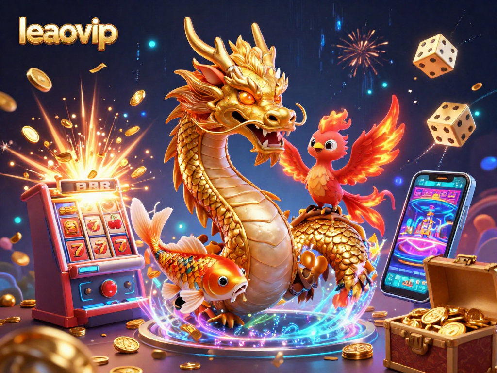 Permainan slot menarik di leaovip menampilkan naga emas dan ikan koi, menciptakan pengalaman kasino yang mendebarkan.
