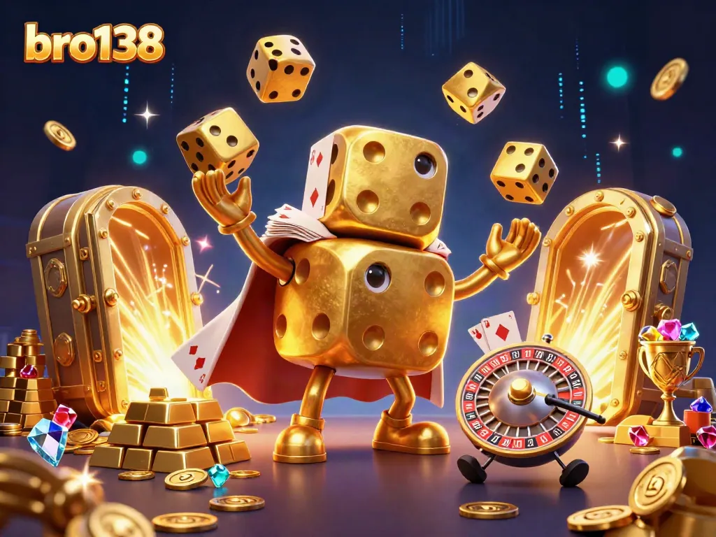 Experience thrilling gaming action with bro138's golden dice golem and vibrant casino elements