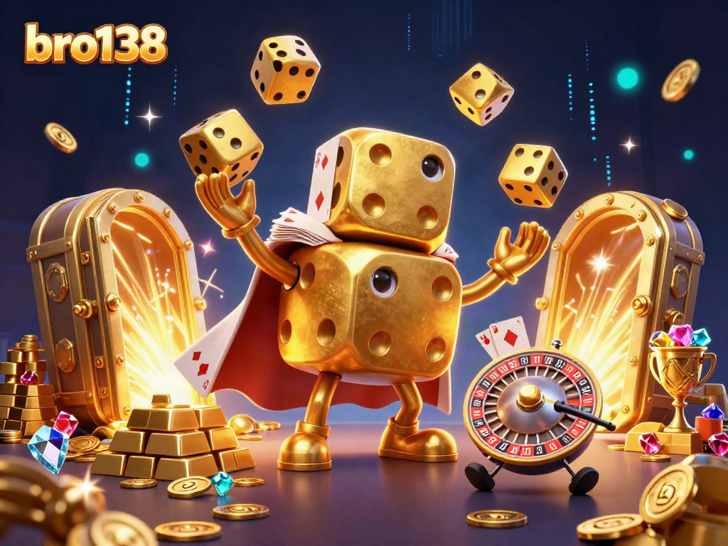 Experience thrilling gaming action with bro138's golden dice golem and vibrant casino elements