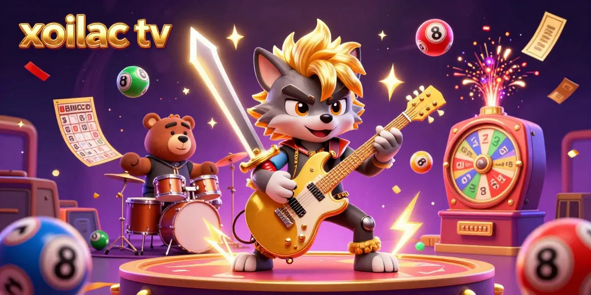 Experience excitement with xoilac tv in this lively 3D casino illustration of a rock star wolf and drummer bear.