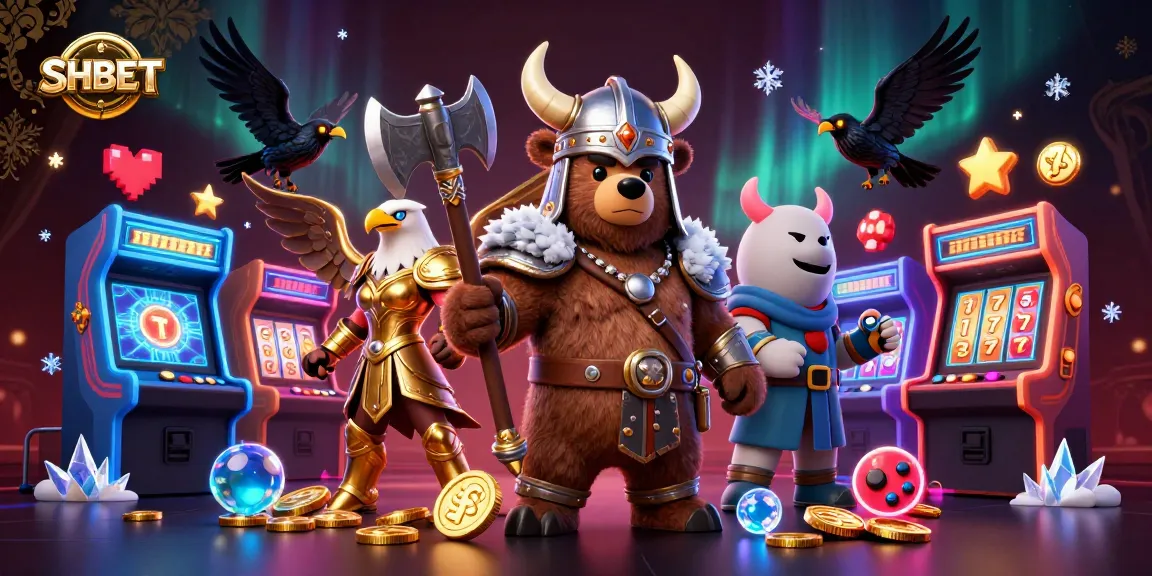 SHBET players enjoy a vibrant 3D casino scene with cartoon characters and slot reels.